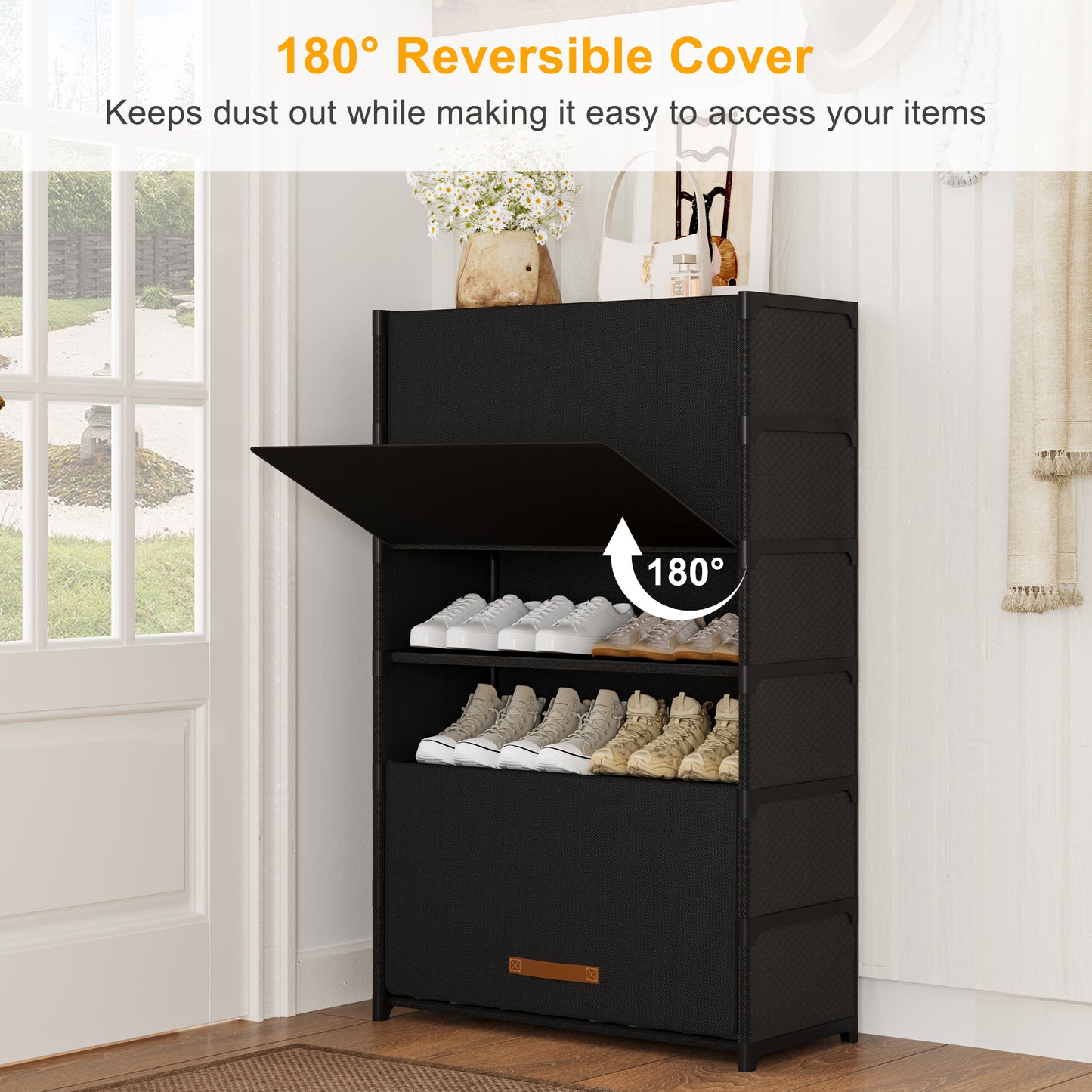 BGTREND 7 Tier Shoe Rack with Covers Shoe Storage Organizer Holds 28 Pairs for Closet Entryway Hallway, Black