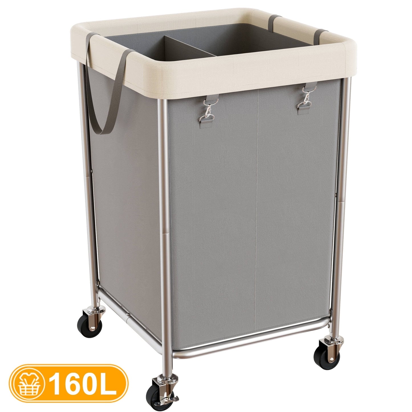 BGTREND 160L Large Laundry Basket with Wheels, Double Laundry Hamper Rolling, Clothes Hamper Cart for Laundry, Bedroom, Bathroom and Dorm, Gray