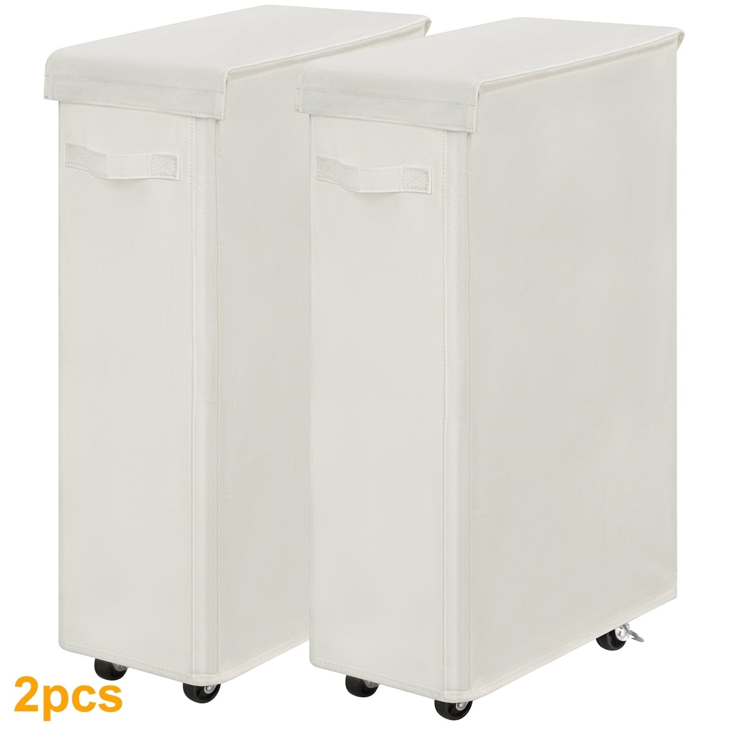 BGTREND 2pcs 28'' Tall & Slim Laundry Hamper with Lid and Wheels Narrow Laundry Basket Collapsible Dirty Clothes Hamper Portable Laundry Storage Bin Oxford (65L, Beige)