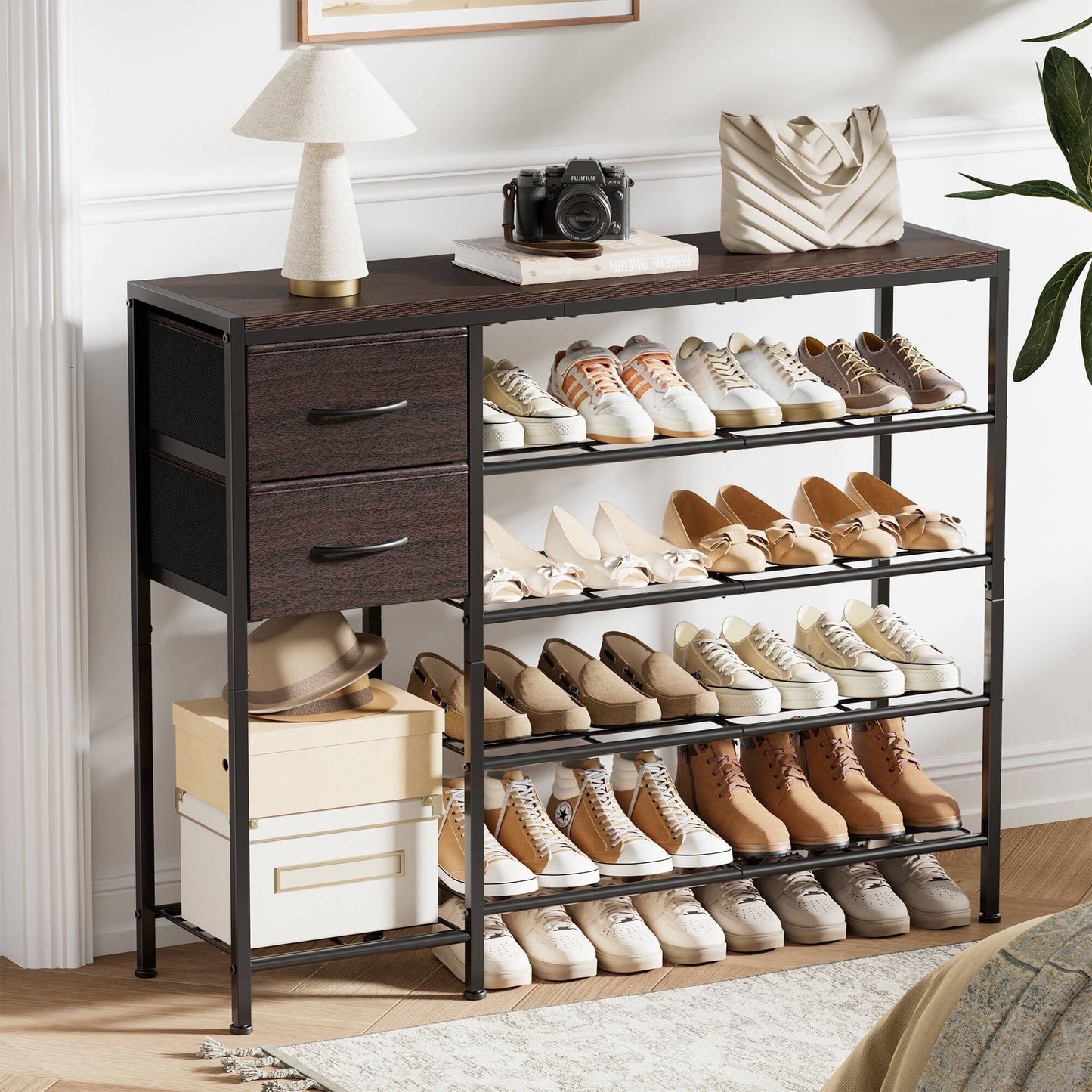 BGTREND 5-Tier Shoe Rack with Wooden Top and 2 Fabric Drawers, 16-21Pairs Shoe Storage Organizer with Boots Storage, Wide Shoe Stand for Entryway Hallway Closet (37.4''L, Brown)