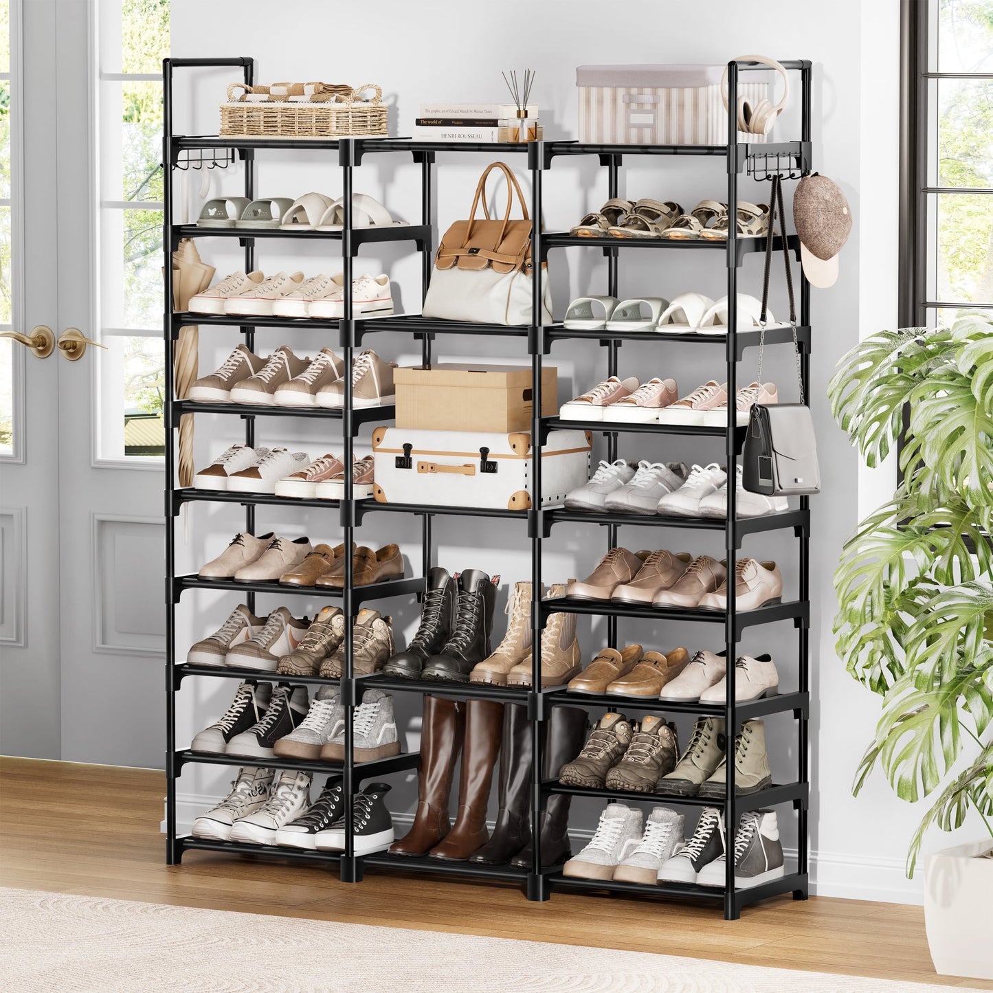 BGTREND 9 Tiers Large Shoe Rack 3 Columns Metal Shoe Storage Organizer 50-55 Pairs Joinable Shoe Tower for Closet Entryway (62 inches, Black)
