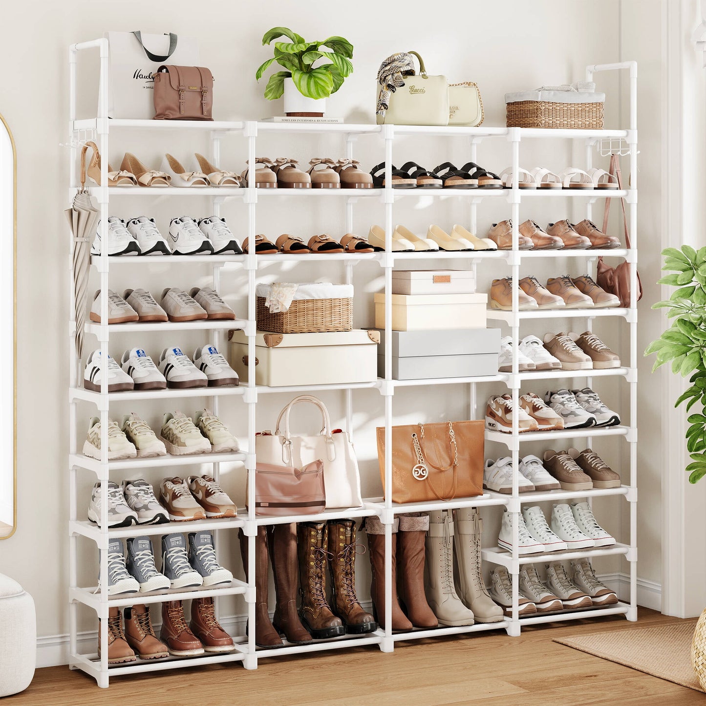 BGTREND 9 Tiers Large Shoe Rack 4 Columns Metal Shoe Storage Organizer 60-65 Pairs Joinable Shoe Tower for Closet Entryway (62 inches, White)