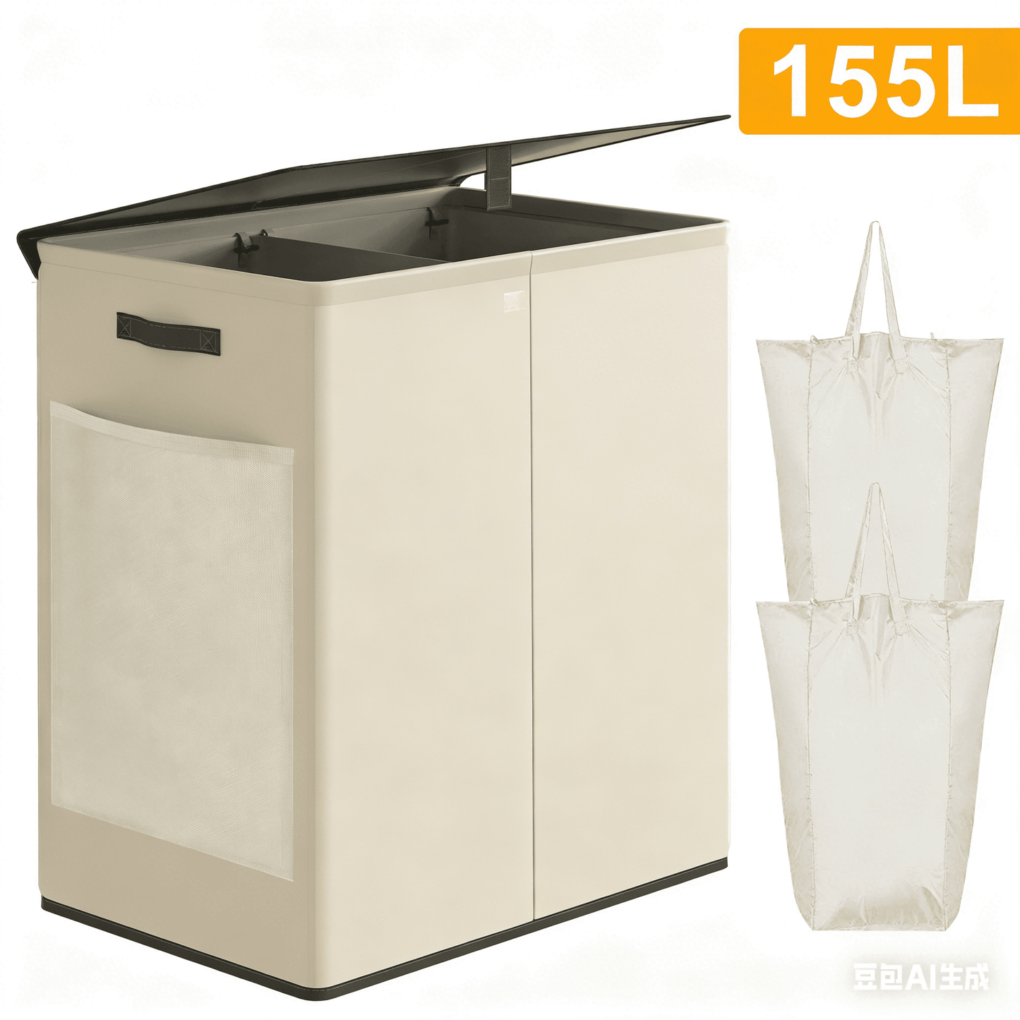 BGTREND Double Laundry Hamper with Lid 155L Laundry Basket with Removable Liner Bags & Side Mesh Pocket Collapsible Laundry Sorter Dirty Clothes Hamper (Wheat)