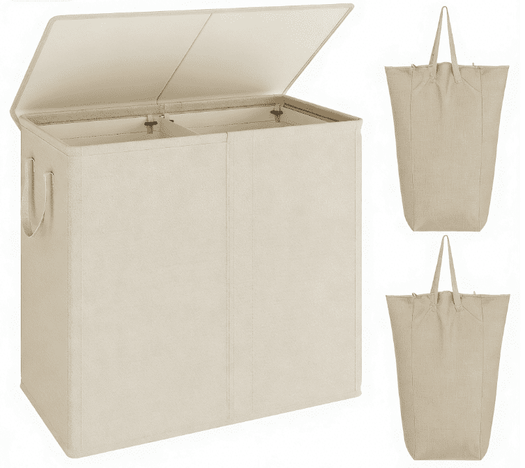 BGTREND Double Laundry Hamper with Lid 110L Laundry Basket with Removable Liner Bags Collapsible Laundry Sorter Dirty Clothes Hamper (Wheat)