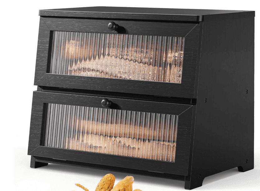 BGTREND Bread Box With Trapezoidal Bamboo for Kitchen Countertop, Spacious Wooden Corner Bread Storage Container, Under Cabinet Organizer(Black,Double Layer)