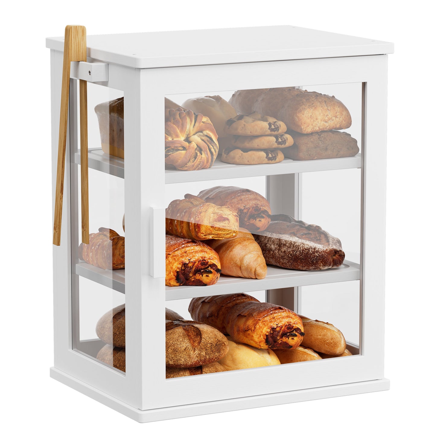 BGTREND Bread Box With Three Layer Bamboo for Kitchen Countertop, Spacious Wooden Corner Bread Storage Container, Under Cabinet Organizer(White,Small)