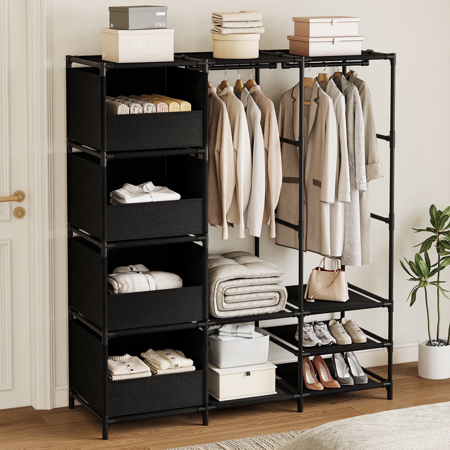 BGTREND Portable Closet, Large Capacity Wardrobe Closet, Clothes Organizer with Shelves 4 Storage Baskets and 2 Hanging Rods, Black