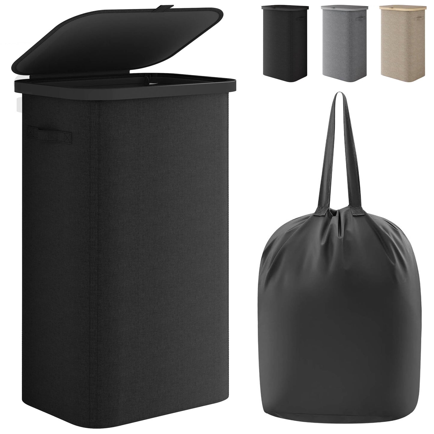 BGTREND Slim Laundry Hamper with Lid 105L Foldable Clothes Basket with Removable Mesh Bag & Handle for Closet Bathroom Bedroom (Black)