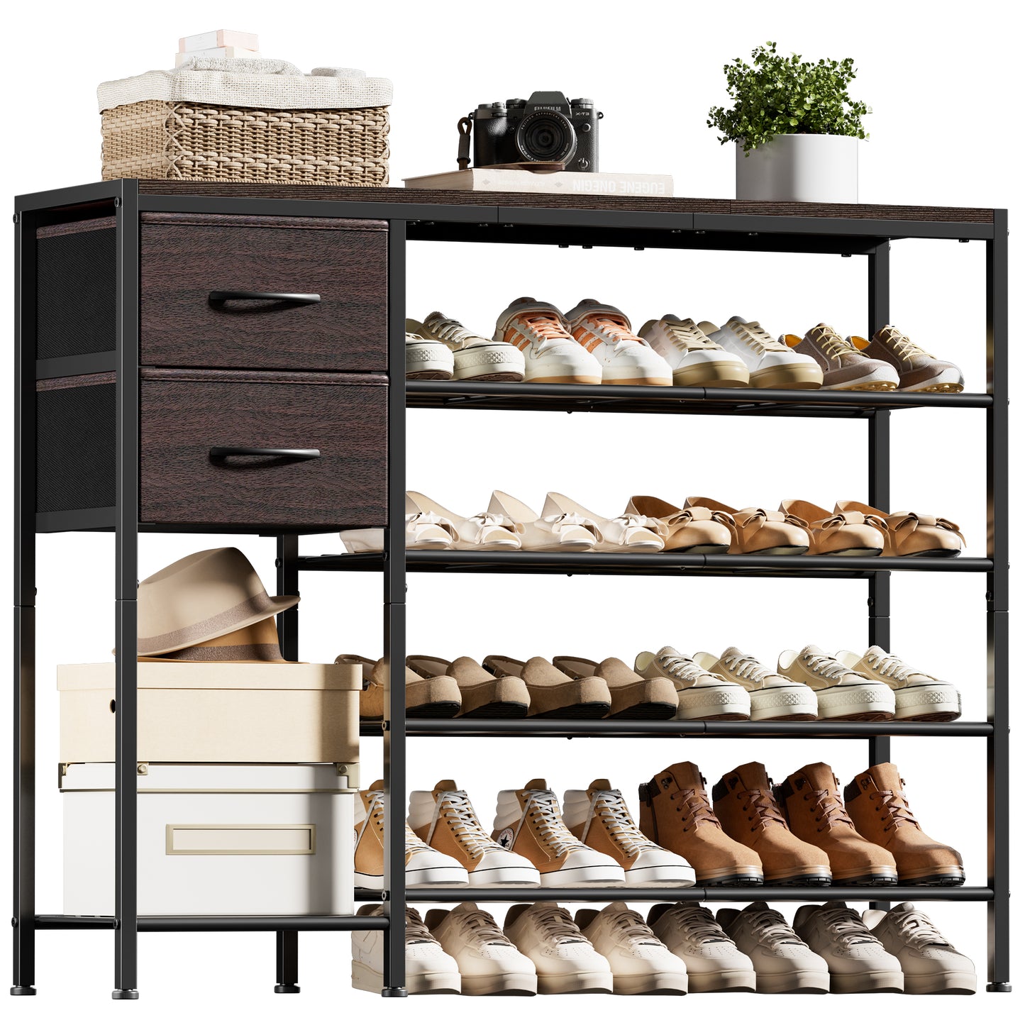 BGTREND 5-Tier Shoe Rack with Wooden Top and 2 Drawers, 16-21Pairs Shoe Storage Organizer with Boots Storage for Entryway Hallway Closet (Brown)