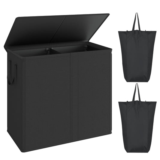BGTREND Double Laundry Hamper with Lid 110L Laundry Basket with Removable Liner Bags Collapsible Laundry Sorter Dirty Clothes Hamper (Black)