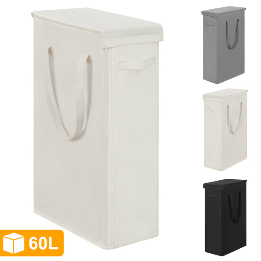 BGTREND Tall & Slim Laundry Hamper with Lid and handles Narrow Laundry Basket Collapsible Dirty Clothes Hamper Portable Laundry Storage Bin Oxford (60L, Beige)