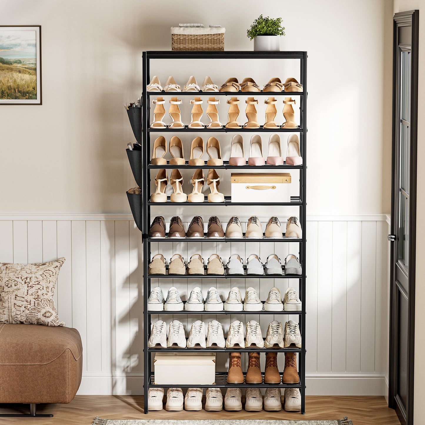 BGTREND 10-Tier Metal Shoe Rack Organizer with Wooden Top, 30-40 Pairs Shoe Storage Shelf for Entryway Hallway (65.67” Tall, Black)