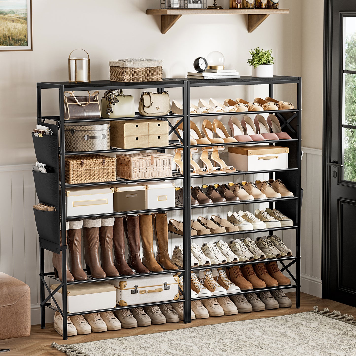 BGTREND 8-Tier Metal Shoe Rack Organizer with Wooden Top, 24-32 Pairs Shoe Storage Shelf for Entryway Hallway (52.56” Tall, Black)