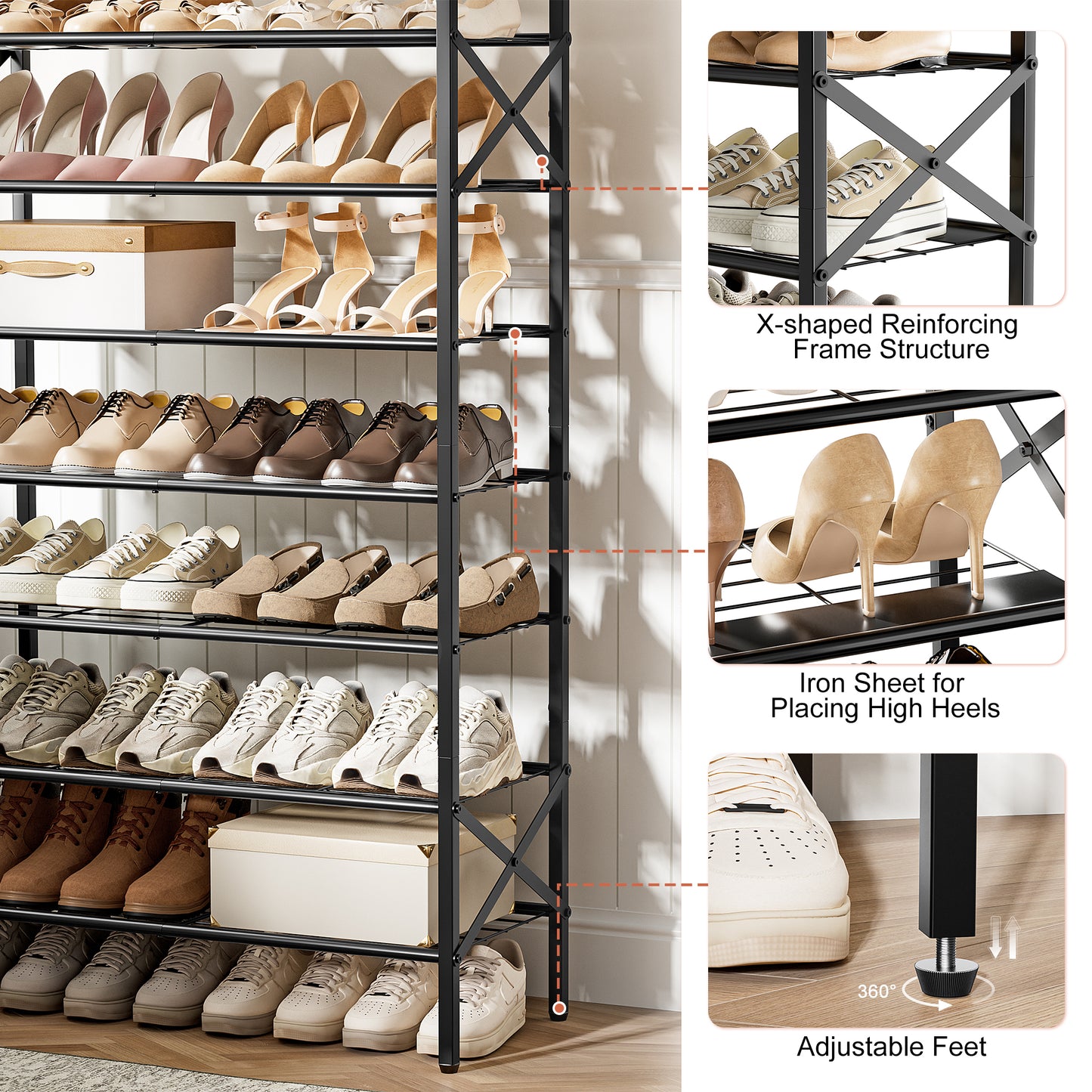 BGTREND 8-Tier Metal Shoe Rack Organizer with Wooden Top, 24-32 Pairs Shoe Storage Shelf for Entryway Hallway (52.56” Tall, Black)