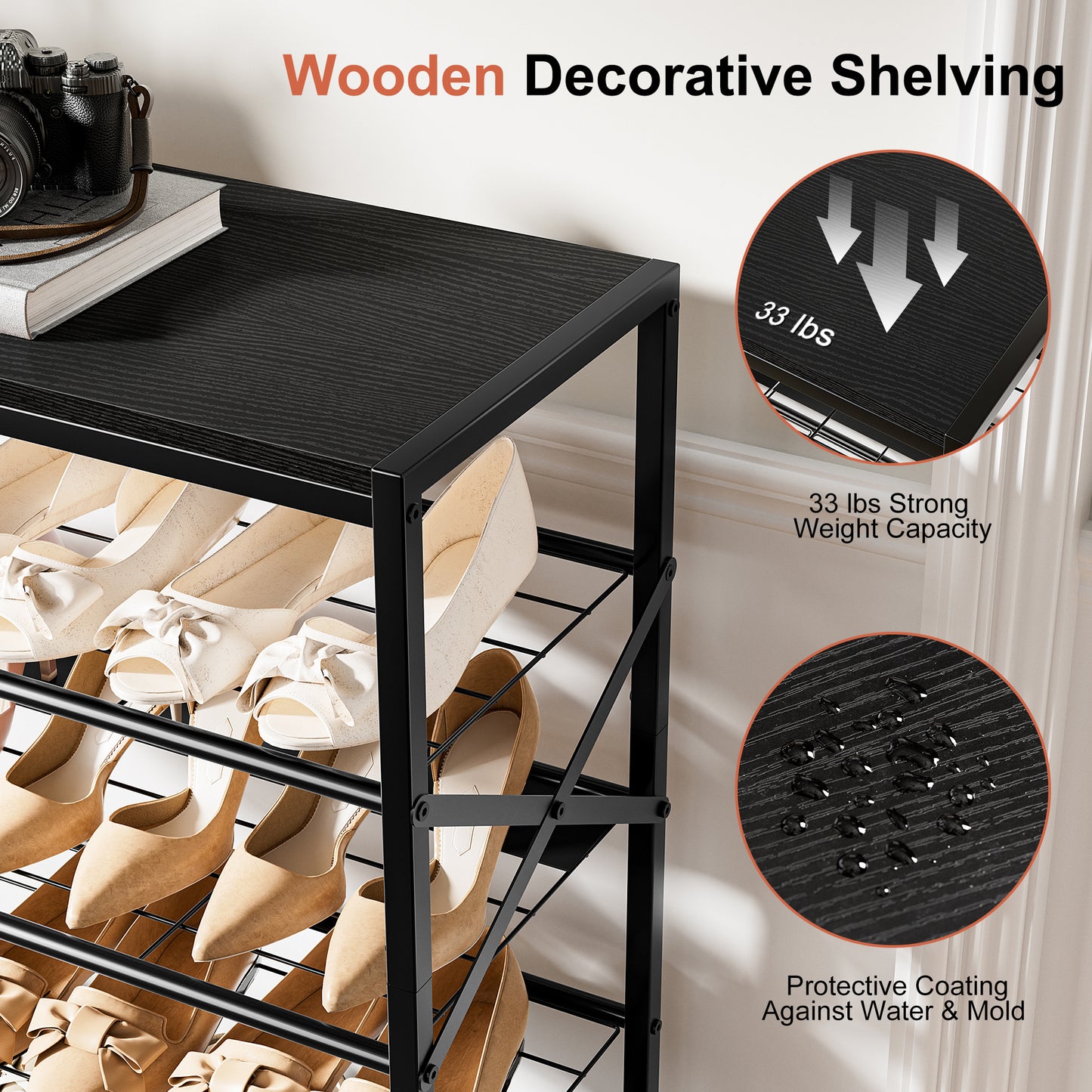 BGTREND 6-Tier Metal Shoe Rack Organizer with Wooden Top, 18-24 Pairs Shoe Storage Shelf for Entryway Hallway (39.17” Tall, Black)