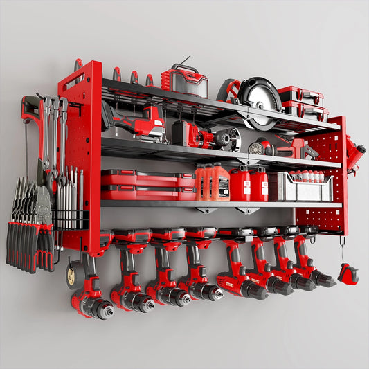BGTREND Power Tool Organizer Wall Mount with 8 Cordless Drill Holders, 4 Layers Heavy Duty Tool Storage Shelf Organizer (Red)