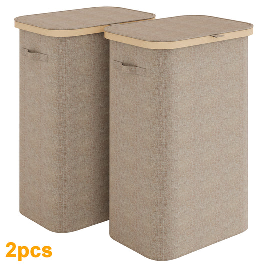 BGTREND 2PCS Slim Laundry Hamper with Lid 110L Foldable Clothes Basket with Removable Mesh Bag & Handle for Closet Bathroom Bedroom (Beige)