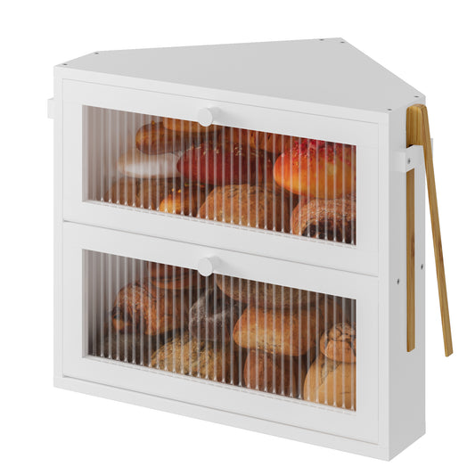 BGTREND Corner Bread Box for Kitchen Countertop, Large Double Layer Bread Storage Container for Homemade Bread, Black Bread Holder for Kitchen Counter, Under Cabinet Organizer (White, Medium)