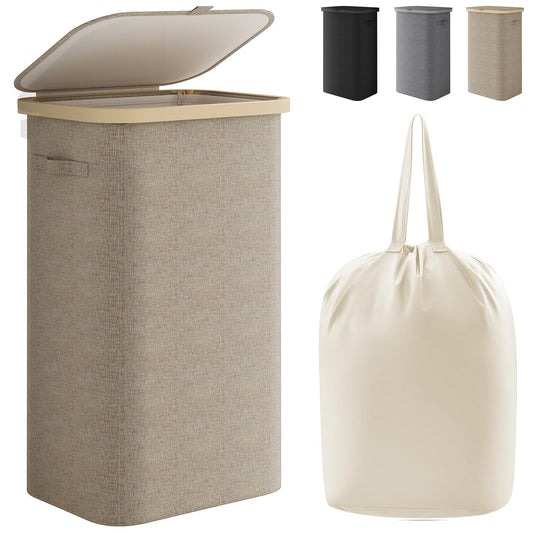 BGTREND Slim Laundry Hamper with Lid 110L Foldable Clothes Basket with Removable Mesh Bag & Handle for Closet Bathroom Bedroom (Beige)