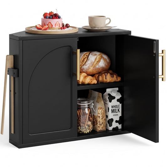 BGTREND Bread Box With Arched Door for Kitchen Countertop, Spacious Bamboo Corner Bread Storage Container, Under Cabinet Organizer(Black,Small)