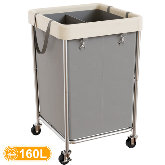 BGTREND 160L Large Laundry Basket with Wheels, Double Laundry Hamper Rolling, Clothes Hamper Cart for Laundry, Bedroom, Bathroom and Dorm, Gray