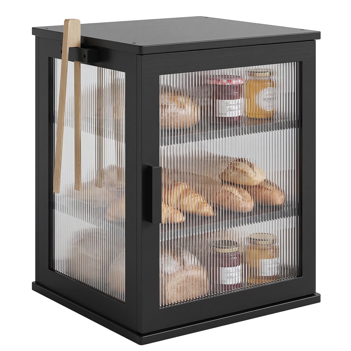 BGTREND Bread Box With Three Layer Bamboo for Kitchen Countertop, Spacious Wooden Corner Bread Storage Container, Under Cabinet Organizer(Black,Large)
