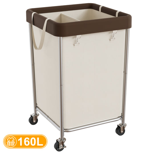 BGTREND 160L Large Laundry Basket with Wheels, Double Laundry Hamper Rolling, Clothes Hamper Cart for Laundry, Bedroom, Bathroom and Dorm, Beige