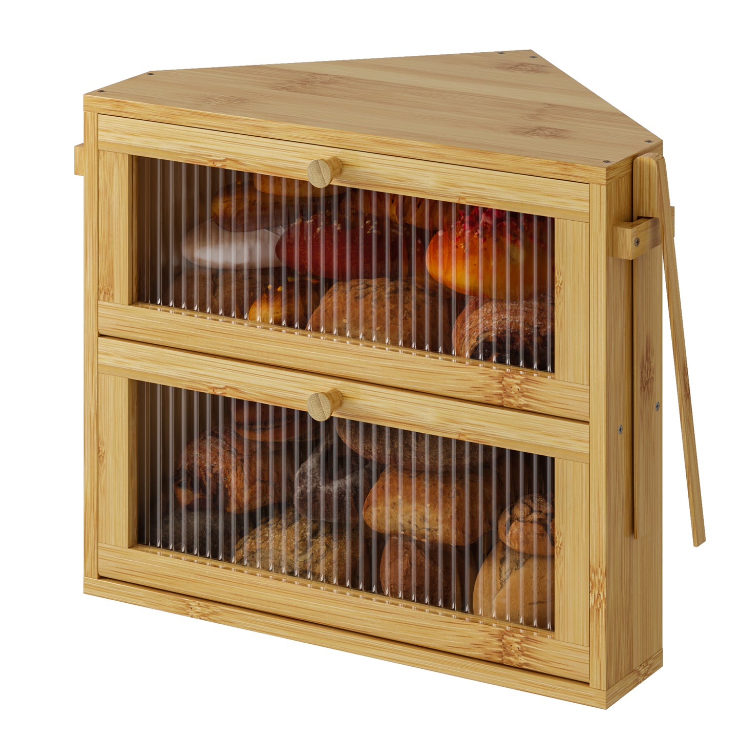 BGTREND Corner Bread Box for Kitchen Countertop, Large Double Layer Bread Storage Container for Homemade Bread, Black Bread Holder for Kitchen Counter, Under Cabinet Organizer (Natural, Medium)