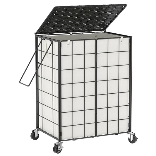 BGTREND 95L Laundry Basket with Lid and Wheels, Iron Wire Laundry Hamper with Rattan Lid and Removable Liner Bag, Rolling Hamper with Handle (Black & Beige)