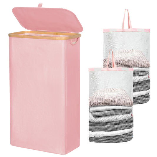 BGTREND Slim Laundry Hamper with Lid 75L Foldable Laundry Basket with 2 Removable Mesh Bags & Bamboo Handle for Closet Bathroom Bedroom (27.5 inches, Pink)