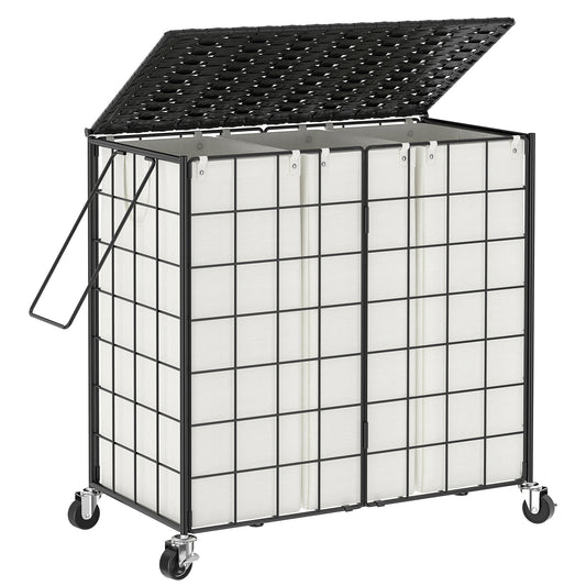 BGTREND 135L Laundry Basket with Lid and Wheels, Iron Wire Laundry Hamper with Rattan Lid and 3 Removable Liner Bags, Rolling Hamper with Handle (Black & Beige)