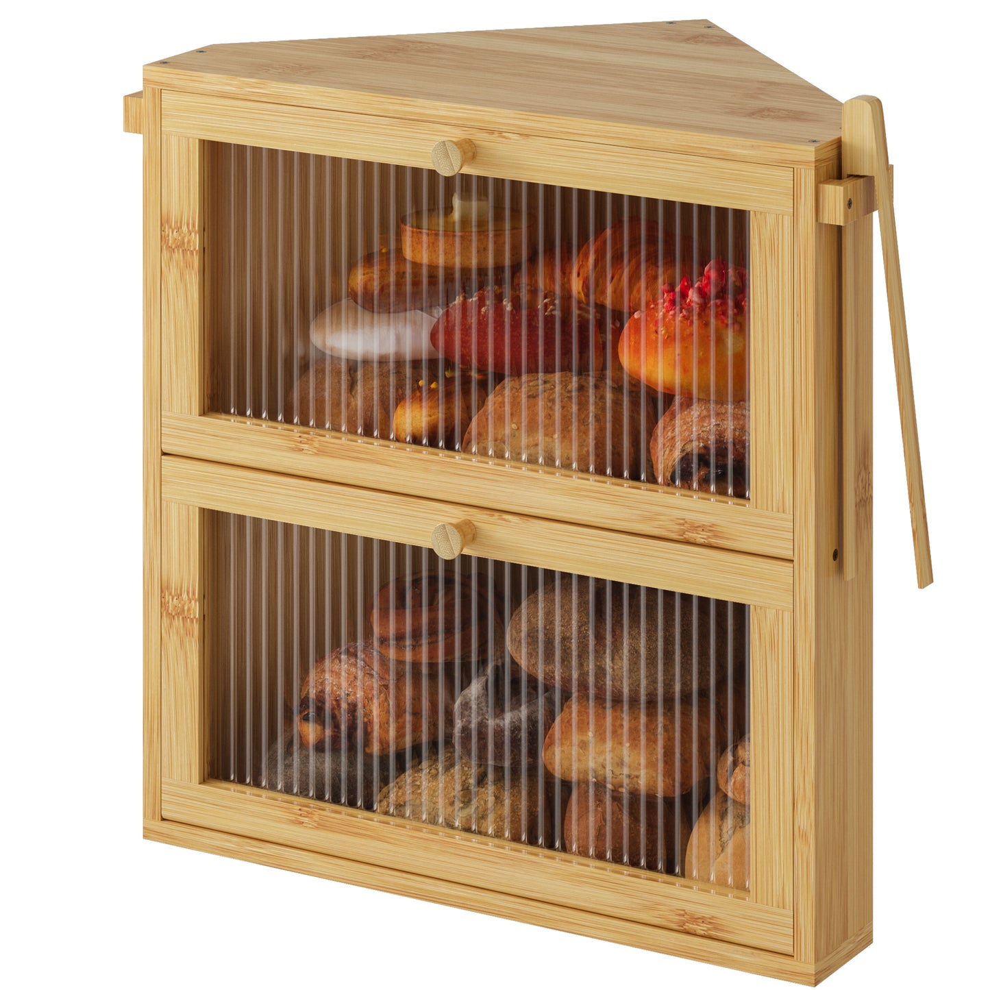 BGTREND Corner Bread Box for Kitchen Countertop, Large Double Layer Bread Storage Container for Homemade Bread, Black Bread Holder for Kitchen Counter, Under Cabinet Organizer (Natural, Extra Large)