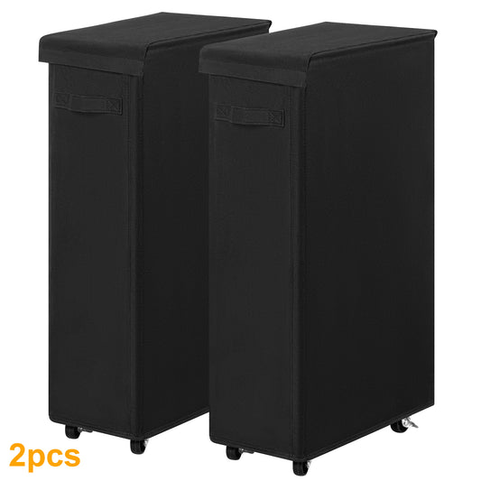 BGTREND 2pcs 27.6'' Tall & Slim Laundry Hamper with Lid and Wheels Narrow Laundry Basket Collapsible Dirty Clothes Hamper Portable Laundry Storage Bin Oxford (65L, Black)