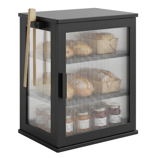 BGTREND Bread Box With Three Layer Bamboo for Kitchen Countertop, Spacious Wooden Corner Bread Storage Container, Under Cabinet Organizer(Black,Small)