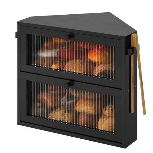 BGTREND Corner Bread Box for Kitchen Countertop, Large Double Layer Bread Storage Container for Homemade Bread, Black Bread Holder for Kitchen Counter, Under Cabinet Organizer (Black, Medium)