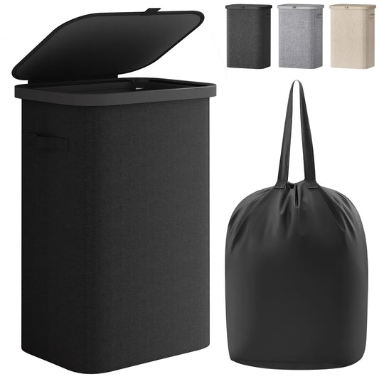 BGTREND Slim Laundry Hamper with Lid 85L Foldable Clothes Basket with Removable Mesh Bag & Plastic Handle for Closet Bathroom Bedroom (Black)