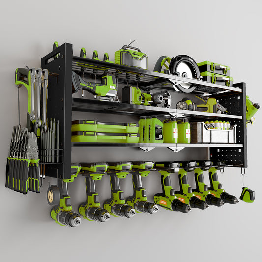 BGTREND Power Tool Organizer Wall Mount with 8 Cordless Drill Holders, 4 Layers Heavy Duty Tool Storage Shelf Organizer (Black)
