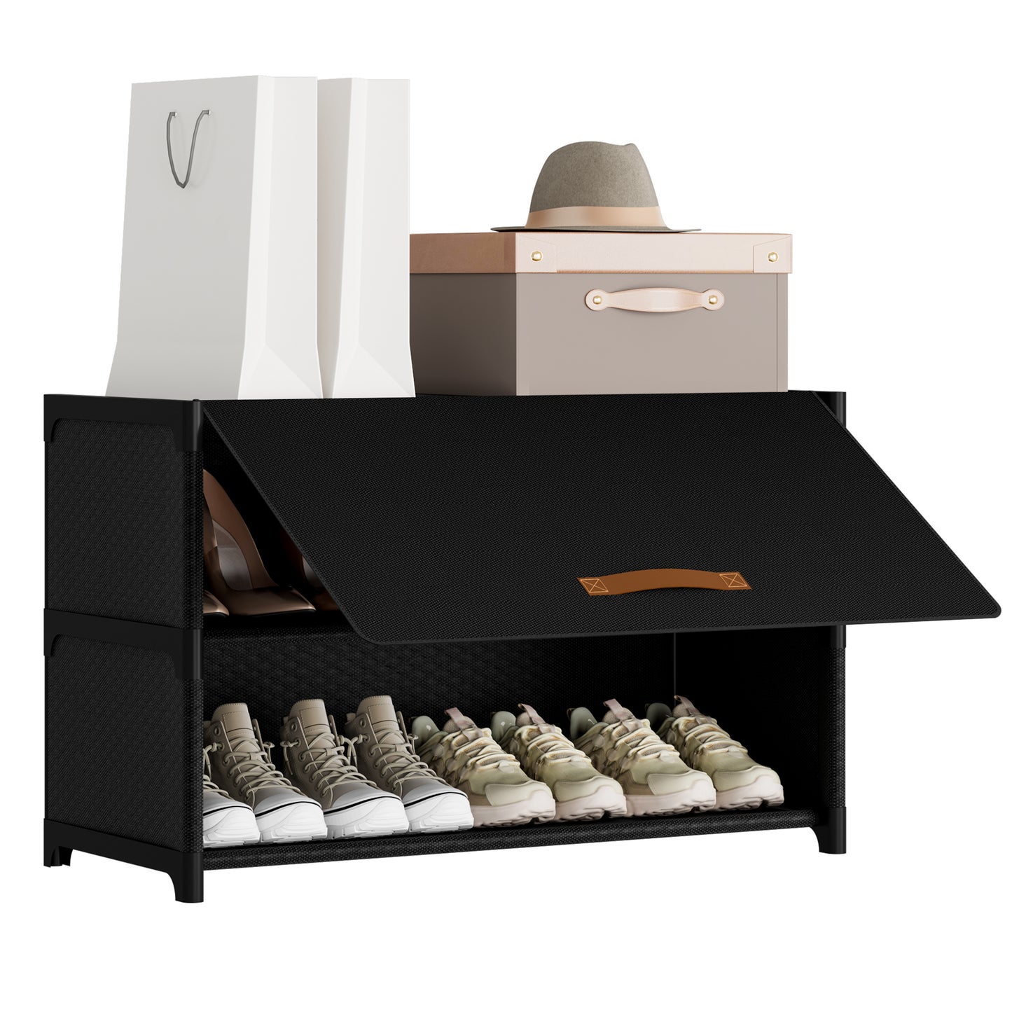 BGTREND 3 Tier Shoe Rack with Covers Shoe Storage Organizer Holds 12 Pairs for Closet Entryway Hallway, Black