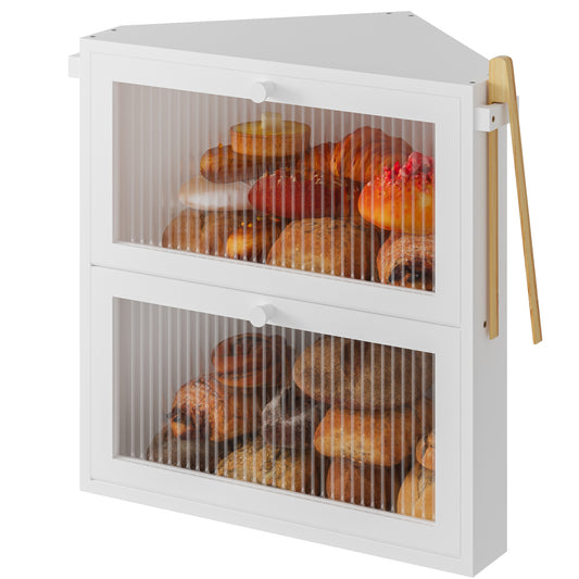 BGTREND Corner Bread Box for Kitchen Countertop, Large Double Layer Bread Storage Container for Homemade Bread, Black Bread Holder for Kitchen Counter, Under Cabinet Organizer (White, Extra Large)