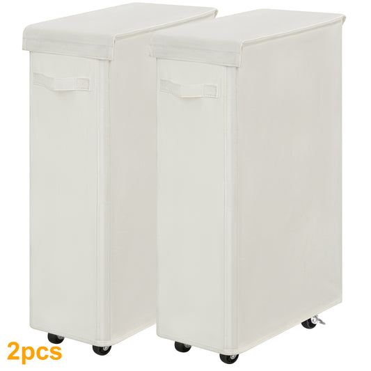 BGTREND 2pcs 27.6'' Tall & Slim Laundry Hamper with Lid and Wheels Narrow Laundry Basket Collapsible Dirty Clothes Hamper Portable Laundry Storage Bin Oxford (65L, Beige)