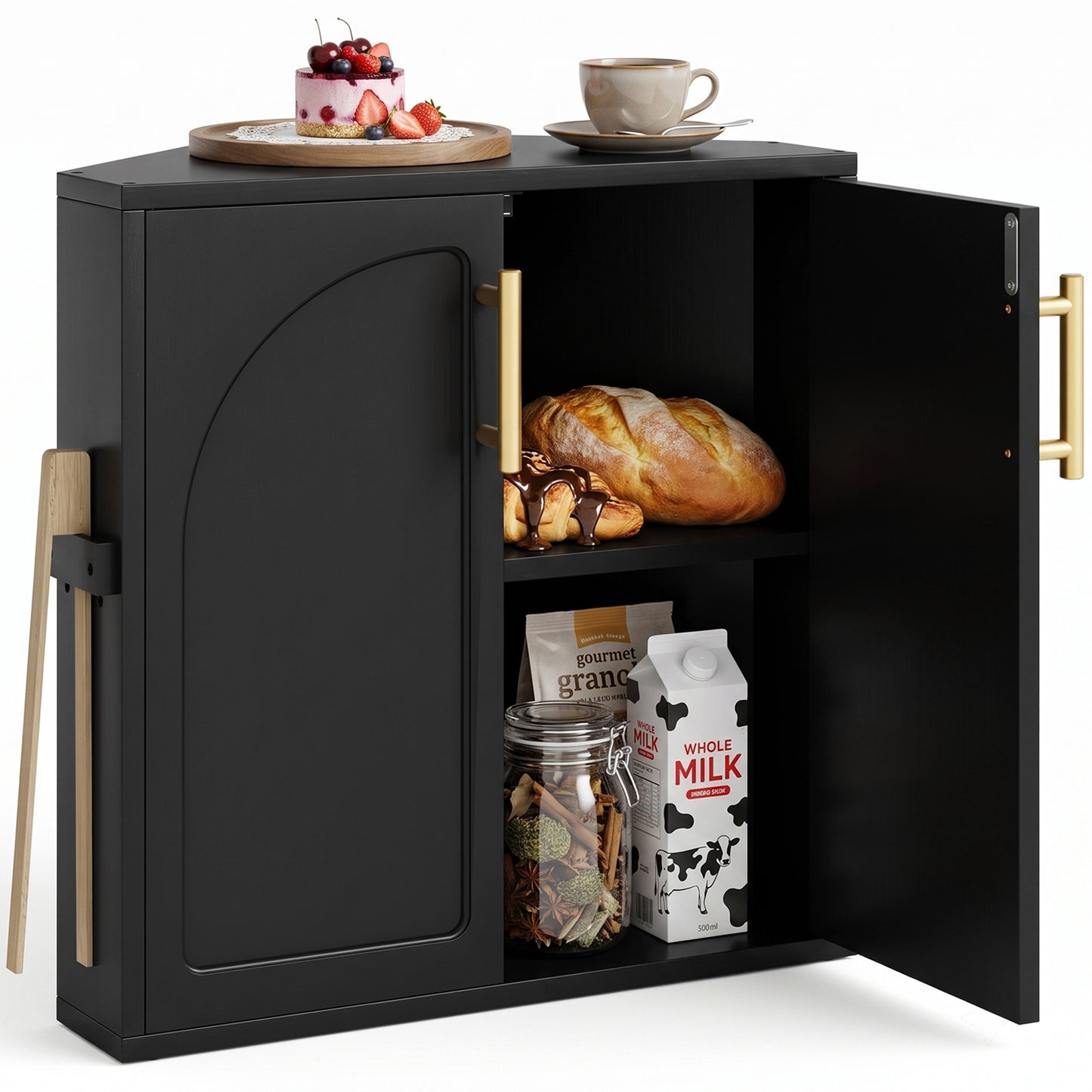BGTREND Bread Box With Arched Door for Kitchen Countertop, Spacious Bamboo Corner Bread Storage Container, Under Cabinet Organizer(Black,Large)
