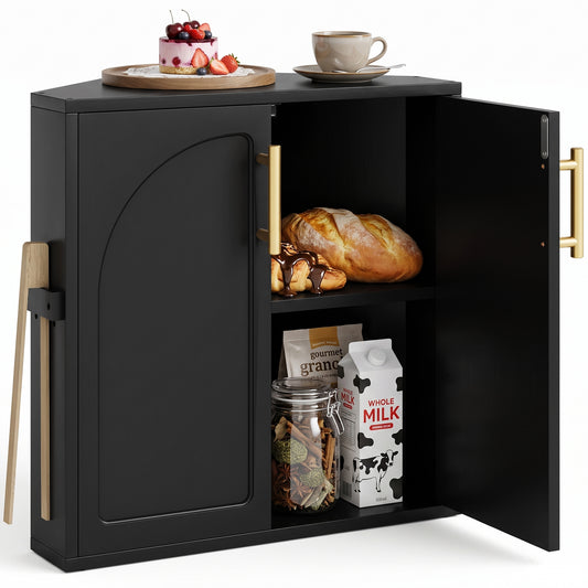 BGTREND Bread Box With Arched Door for Kitchen Countertop, Spacious Bamboo Corner Bread Storage Container, Under Cabinet Organizer(Black,Large)
