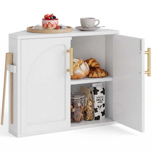 BGTREND Bread Box With Arched Door for Kitchen Countertop, Spacious Bamboo Corner Bread Storage Container, Under Cabinet Organizer(White,Small)