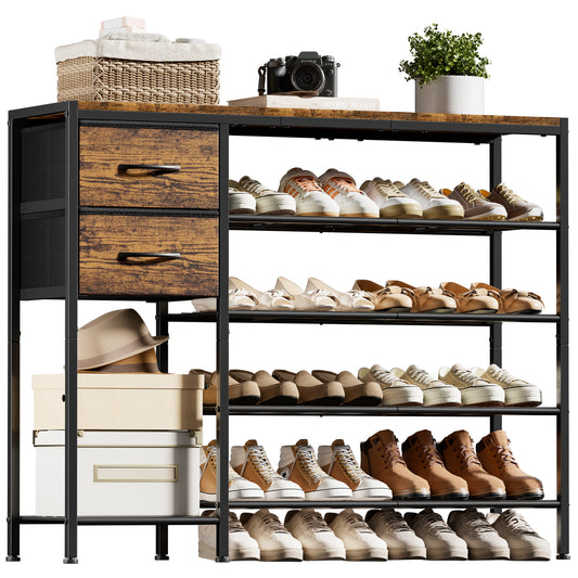 BGTREND 5-Tier Shoe Rack with Wooden Top and 2 Drawers, 16-21Pairs Shoe Storage Organizer with Boots Storage for Entryway Hallway Closet(Rustic Brown)