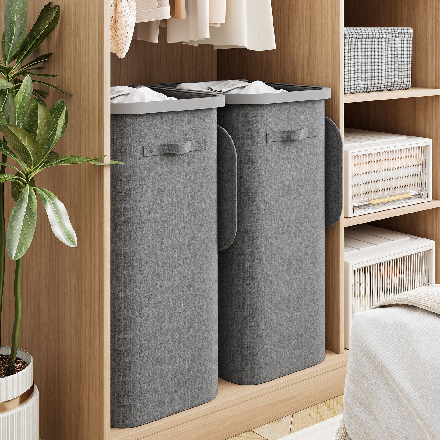 BGTREND 2PCS Slim Laundry Hamper with Lid 110L Foldable Clothes Basket with Removable Mesh Bag & Handle for Closet Bathroom Bedroom (Gray)