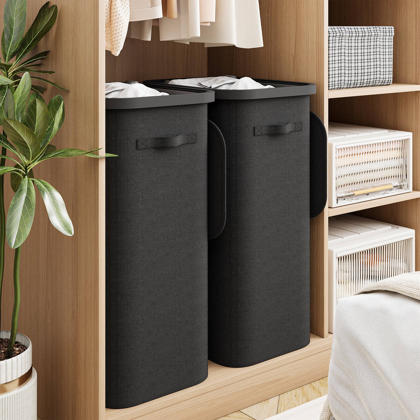BGTREND 2PCS Slim Laundry Hamper with Lid 110L Foldable Clothes Basket with Removable Mesh Bag & Handle for Closet Bathroom Bedroom (Black)