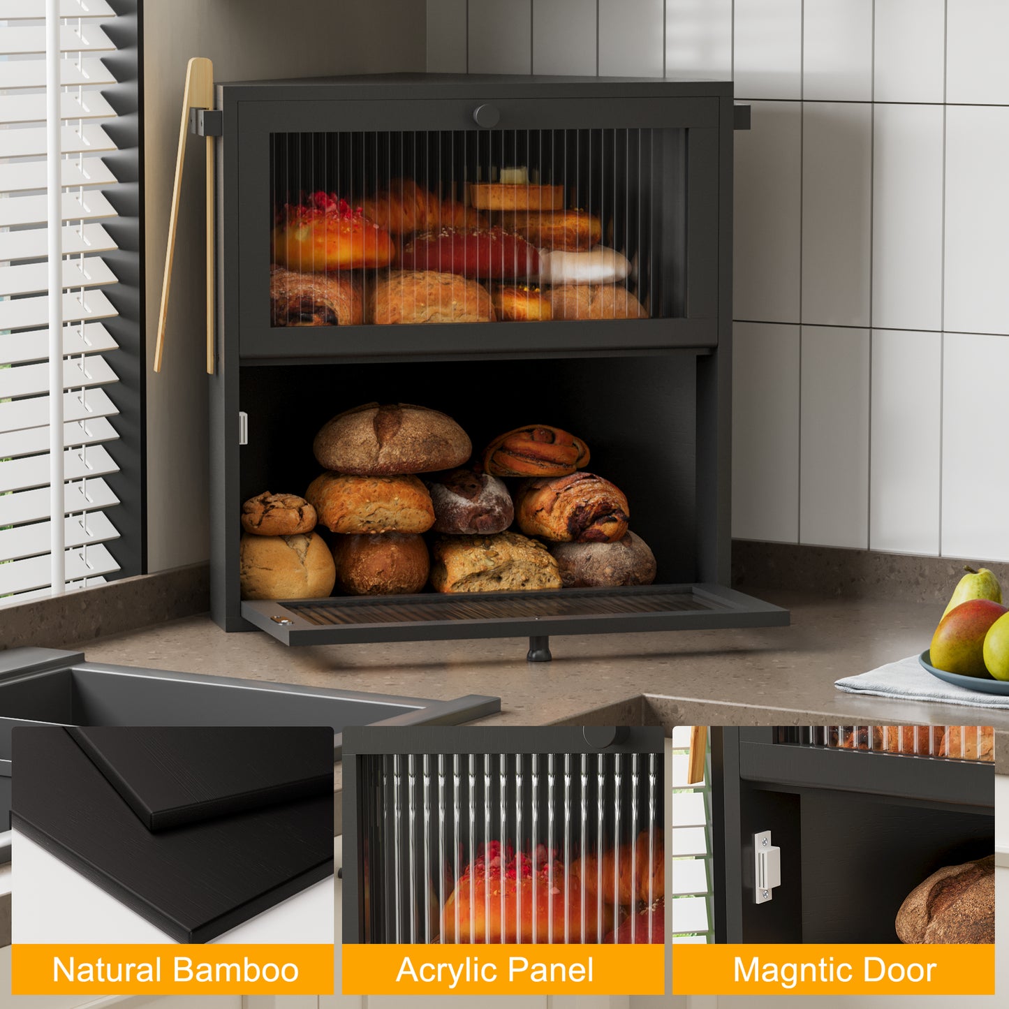 BGTREND Corner Bread Box for Kitchen Countertop, Large Double Layer Bread Storage Container for Homemade Bread, Black Bread Holder for Kitchen Counter, Under Cabinet Organizer (Black, Extra Large)