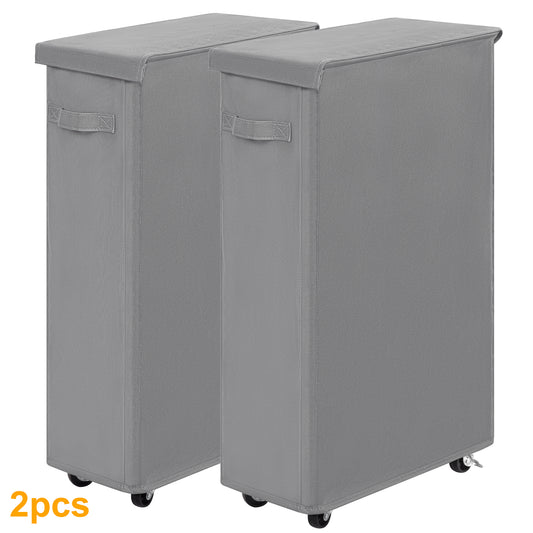 BGTREND 2pcs 27.6'' Tall & Slim Laundry Hamper with Lid and Wheels Narrow Laundry Basket Collapsible Dirty Clothes Hamper Portable Laundry Storage Bin Oxford (65L, Gray)