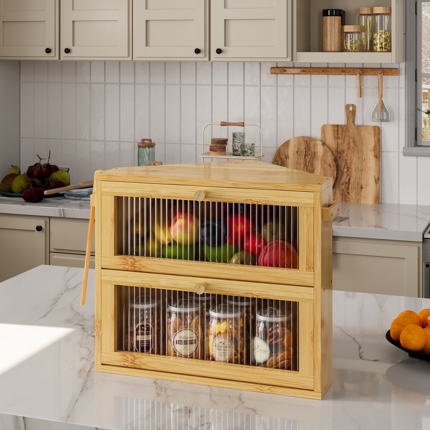 BGTREND Corner Bread Box for Kitchen Countertop, Large Double Layer Bread Storage Container for Homemade Bread, Black Bread Holder for Kitchen Counter, Under Cabinet Organizer (Natural, Medium)