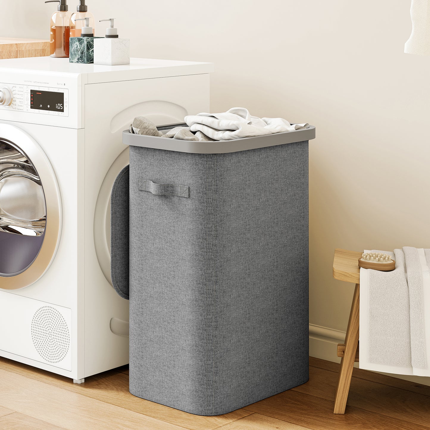 BGTREND Slim Laundry Hamper with Lid 85L Foldable Clothes Basket with Removable Mesh Bag & Plastic Handle for Closet Bathroom Bedroom (Gray)